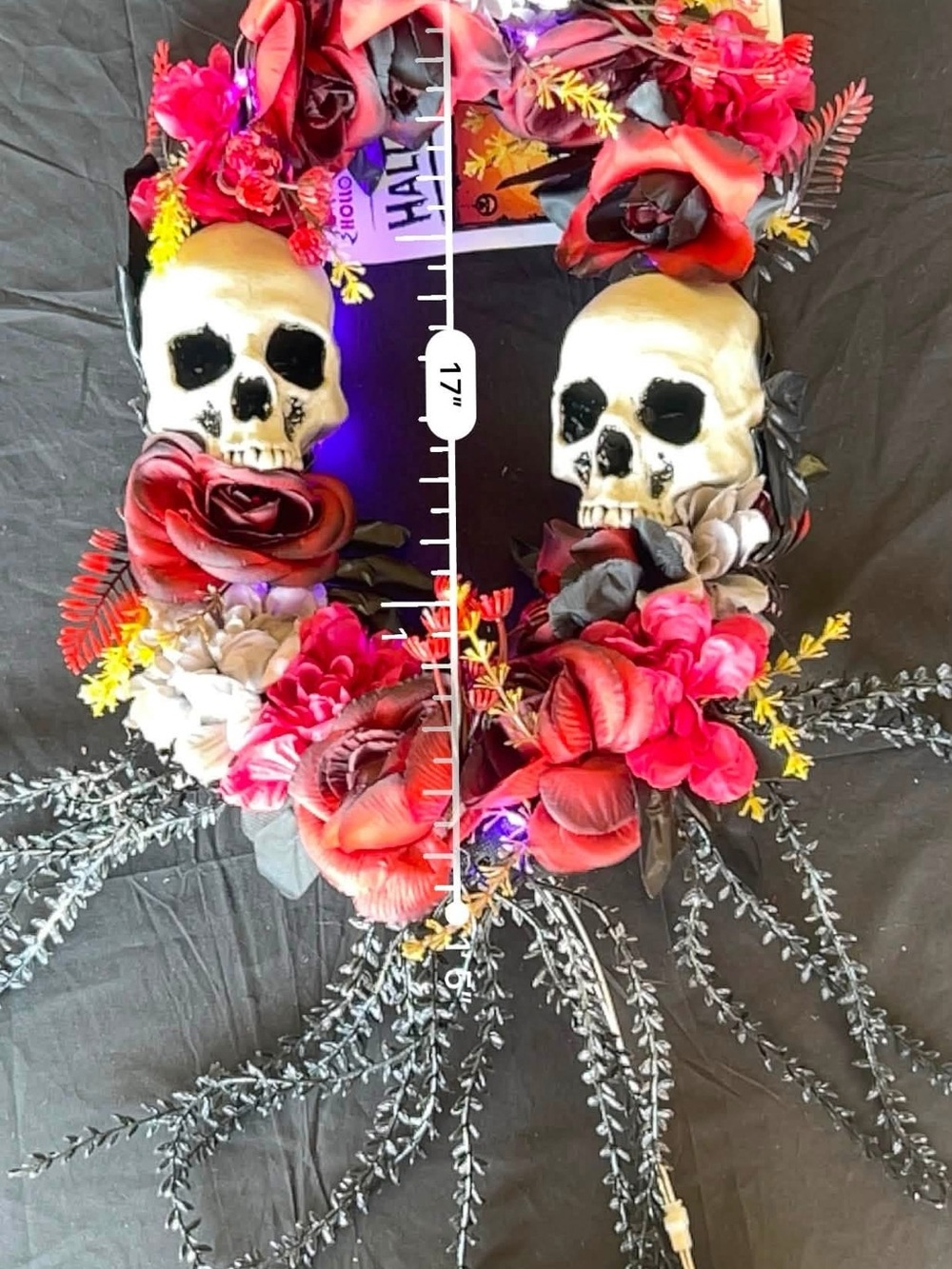 Skull & Red Floral Halloween Wreath - Decorative Home Accent